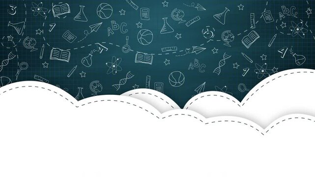 Animated icons on the subject of education. White clouds with empty space for text. Back to school in chalk doodle style on blackboard. Looped.