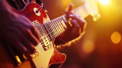 Naklejka premium Close-up of a guitar player hands strumming during a live concert