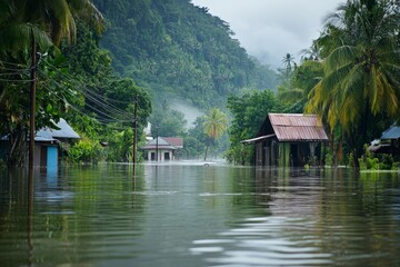 Fototapeta premium Tropical Village Flooded by Rising River in Scenic Forest Landscape with Misty Mountains