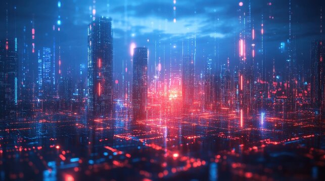 Futuristic AI society, digital metropolis, innovative technology, holographic interfaces.