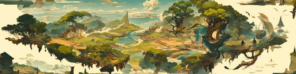 Enchanted Forest Game Board: Top-View Fantasy Landscape with Floating Islands. Abstract Anime-Style Concept Art for Video Games, Book Illustrations, and Marketing Campaigns. Minimalist Digital Paintin