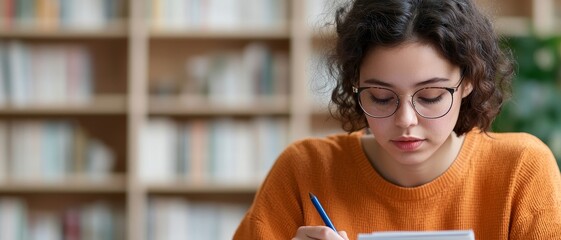 young woman student focused studying writing notes in library with bookshelf in background - education, knowledge, learning, academic, concentration.