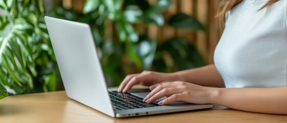 Naklejka premium woman working on laptop computer in office with green plants in background - businesswoman typing on keyboard at desk - modern workspace interior design.