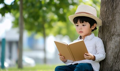 young boy reading book leaning against tree in park on sunny day.