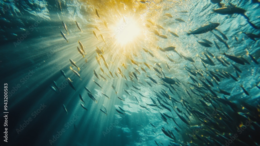 Aufkleber An underwater shot of a school of small fish creating a mesmerizing pattern as they move through the sunlight-dappled waters of a tropical lagoon