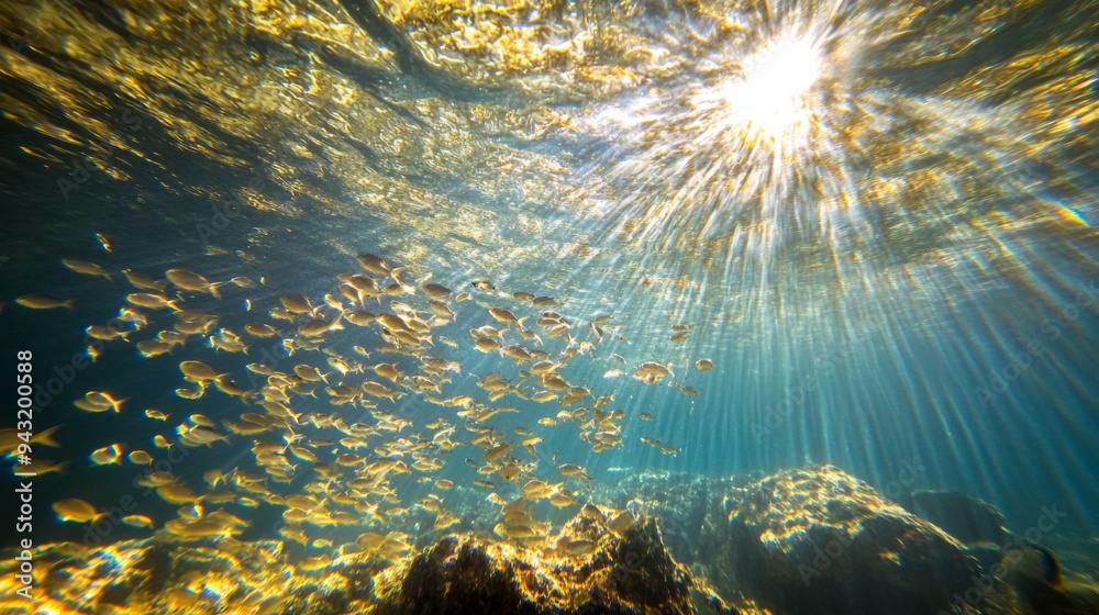 Aufkleber An underwater shot of a school of small fish creating a mesmerizing pattern as they move through the sunlight-dappled waters of a tropical lagoon
