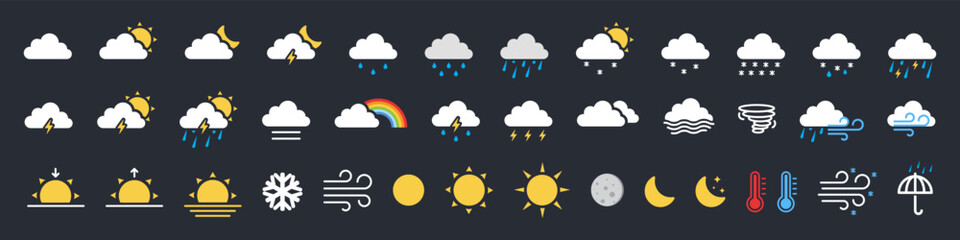 Weather web icon set. Weather , clouds, sunny day, moon, snowflakes, wind, sun day. Forecast weather flat symbols. Pictogram vector illustration.