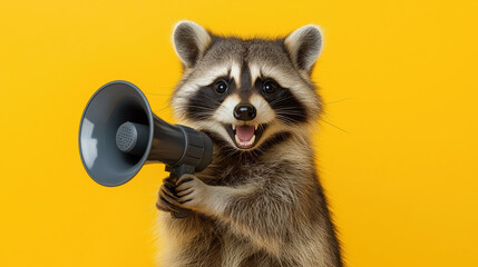 Raccoon Holding Megaphone Against Vibrant Yellow Background Reflecting Communication Concept