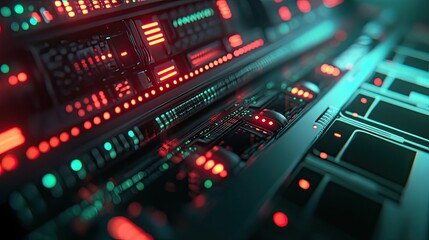 Obraz premium A close-up of a network server with glowing indicators, representing communication systems.