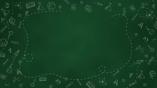 Back to school in chalk doodle style on blackboard. Animation of a school poster with hand drawn accessories and copy space. Looped. - Powered by Adobe