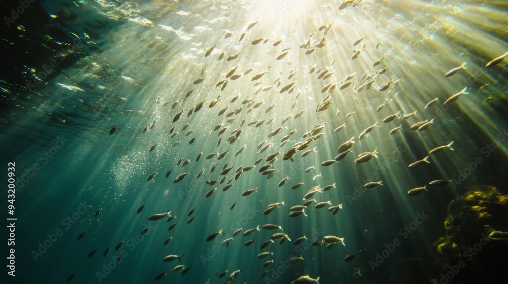 Aufkleber An underwater shot of a school of small fish creating a mesmerizing pattern as they move through the sunlight-dappled waters of a tropical lagoon