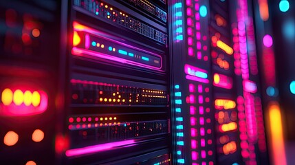 Obraz premium A close-up of a server rack with glowing indicators, representing communication technology.