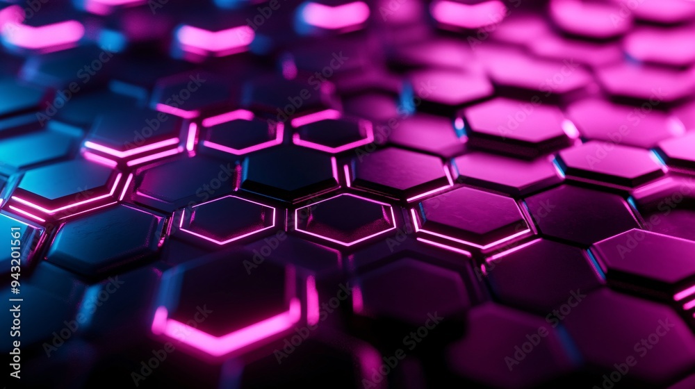 Wall mural neon glowing hexagons forming a futuristic digital pattern