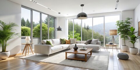 Fototapeta premium Luminous interior space designed with simplicity in mind, featuring white walls, sleek windows, and minimal furniture, resulting in an open and calming atmosphere.