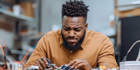 focused african american man concentrating on electronics repair work in a workshop environment.
