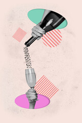 Creative poster banner image collage of open person hold wine bottle pouring glass on pastel color background