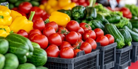 fresh produce market stall display of red tomatoes green cucumbers yellow peppers in baskets