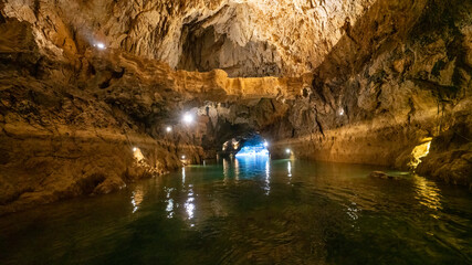 Altinbesik Cave is Turkey's largest underwater lake cave, in addition to its magnificent beauty. The cave is illuminated with colored lights. Antalya, Turkey.