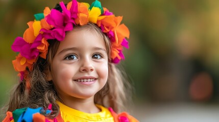 smiling little girl in colorful flower crown, happy child, portrait, autumn background, outdoor.