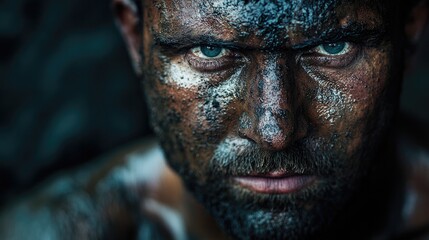 Close-up of a miner face, covered in sweat and dirt, with a determined expression in harsh lighting