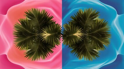 Palm tree fronds against a dual-hued pink and blue backdrop.