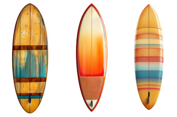 Collection of surfboards on the beach isolated on white background or transparent