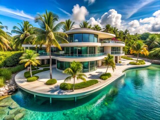 Fototapeta premium Luxurious modern mansion with sweeping curves and sleek lines nestled among swaying palm trees on a tranquil tropical island with crystal-clear turquoise waters.