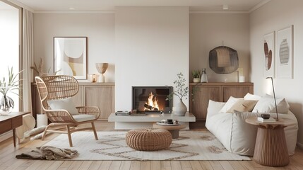 A modern living room with a Scandinavian and hygge design, white sofa with a wicker pouf i, a rattan lounge chair, A white coffee table.