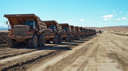 Long line of loaded dump trucks waiting to be weighed and processed at a mining site