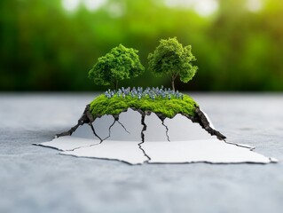 green growth and sustainability - miniature trees and grass growing on cracked concrete surface - environmental concept