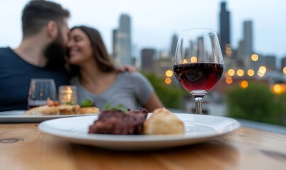 Obraz premium romantic couple dining city skyline dinner date