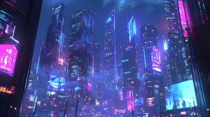 Fototapeta premium Neon-lit skyscrapers in a cyberpunk city under a rainy sky