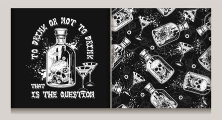 Pattern with bottle, label with potion with human skull inside, martini glass with poisonous cocktail. Distorted spiderweb with crawling spiders on background. Halloween creepy graphics