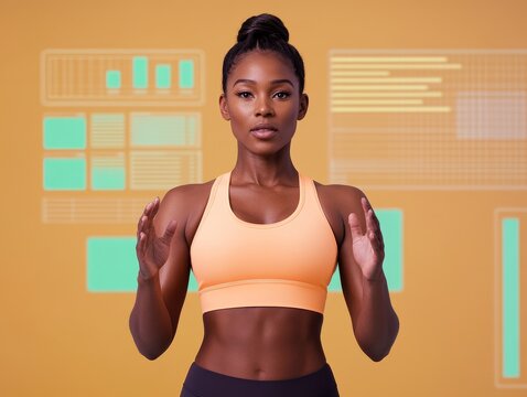 confident female athlete posing in front of abstract digital interface on orange background - fitness technology concept