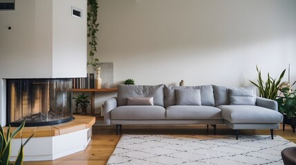 A living room with a grey corner sofa placed near a glass fireplace. The room has a modern interior design with a white wall, a wooden floor and a few decorative items. 