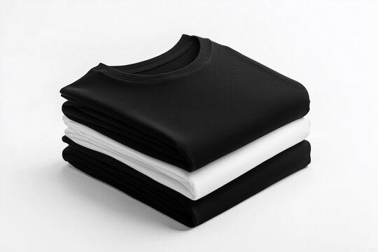 Mockup stack of folded square black and white t-shirts, white background 