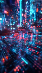 Futuristic Cityscape With Glowing Lines, Blur, and Circuit Board Pattern, Digital Art