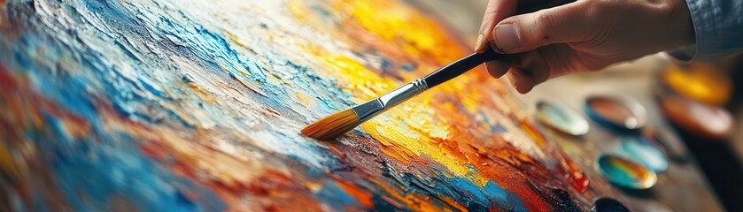 Fototapeta premium Artist painting a vibrant canvas in a sunlit studio, with paintbrushes and colorful palettes around, Creative, Bright, Detailed