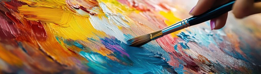 Obraz premium Artist painting a vibrant canvas in a sunlit studio, with paintbrushes and colorful palettes around, Creative, Bright, Detailed