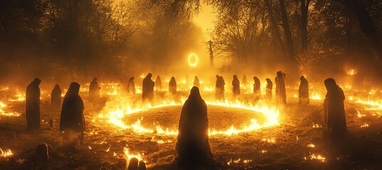 Satanic cult satanic worship with dark night flame ritual. Generative AI technology.