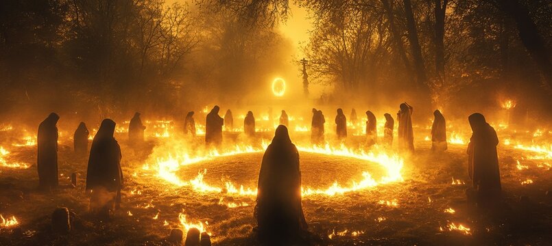 Satanic cult satanic worship with dark night flame ritual. Generative AI technology.