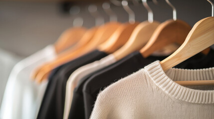 Neatly Arranged Clothing Collection on Wooden Hangers in a Modern Wardrobe Closet