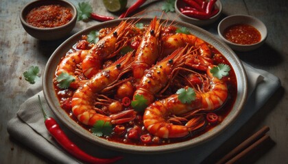 a plate of sambal udang, prawn cook with chilies and onions