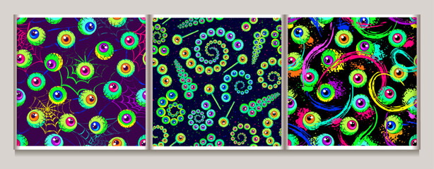 Seamless neon patterns with colorful eyeballs, textured background with distorted spiderweb, smeared, smudged paint. Surreal, psychedelic illustration in vintage style for Halloween holiday.