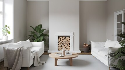A minimalist Scandinavian-style living room with a white sofa, a blanket, a wooden coffee table and  a stack of firewood.