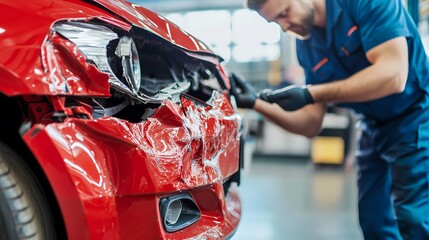 Damaged car being repaired in a workshop.