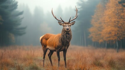 Deer standing gracefully in a misty forest, with a calm and serene expression, Serene, Cool Tones, Atmospheric