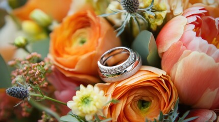 Wedding Rings on a Bouquet of Orange Flowers