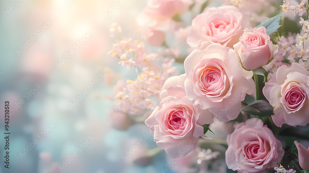 Sticker Delicate blooming festive roses and light pink flowers background blossoming rose flower soft pastel frame bouquet floral card selective focus 