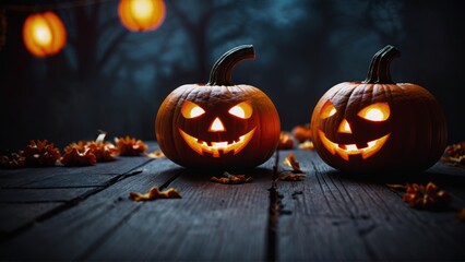 Fototapeta premium Halloween jack-o-lantern pumpkins with glowing faces illuminated in autumn evening